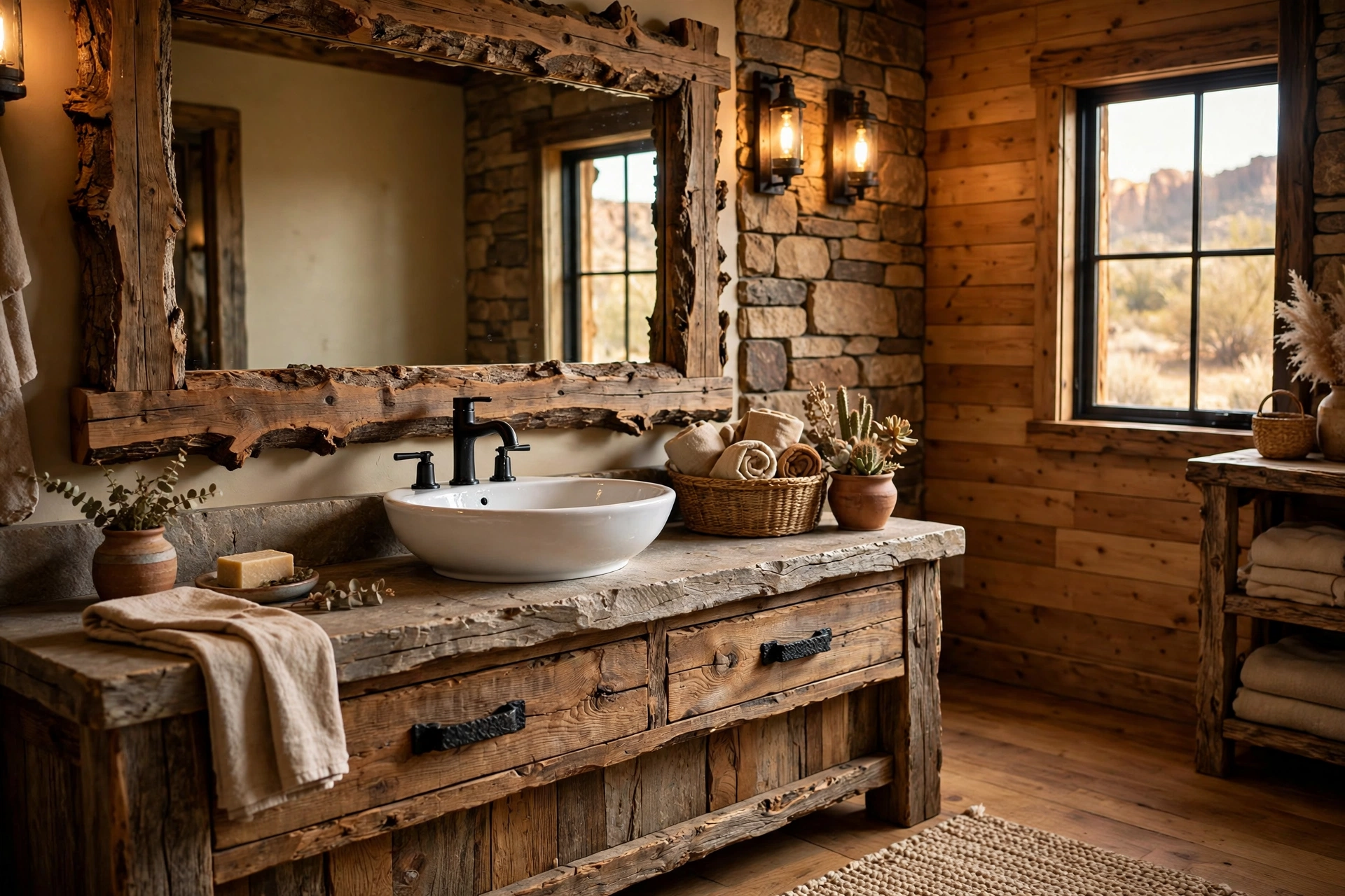 Hang a mirror framed in rough-hewn timber