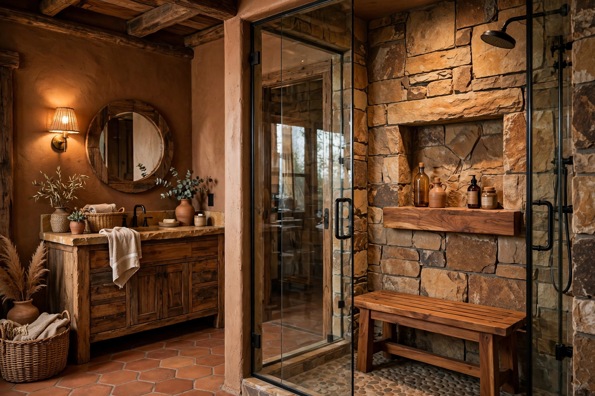 Use open stone-and-wood shelving in the shower