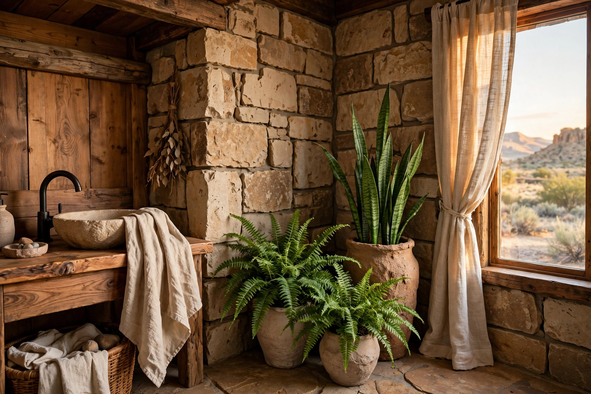 Add potted greenery in stone and clay pots