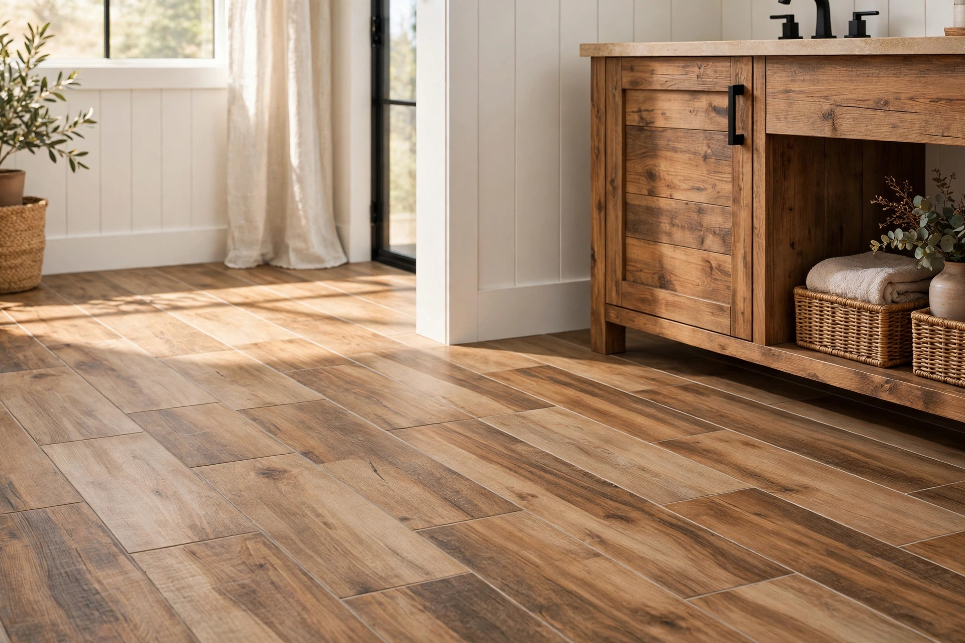 Lay wood-look tile flooring