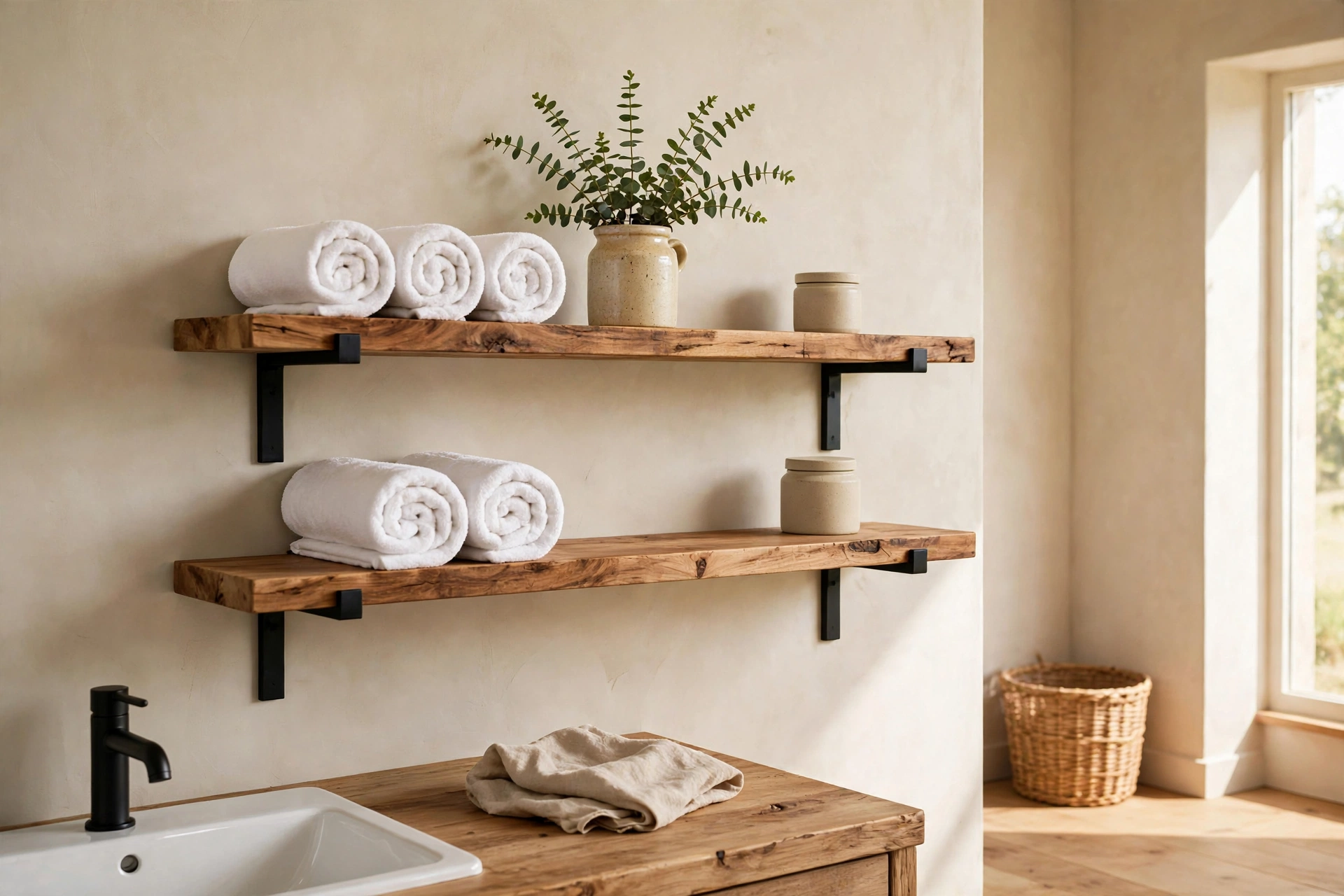 Add open shelving in natural wood