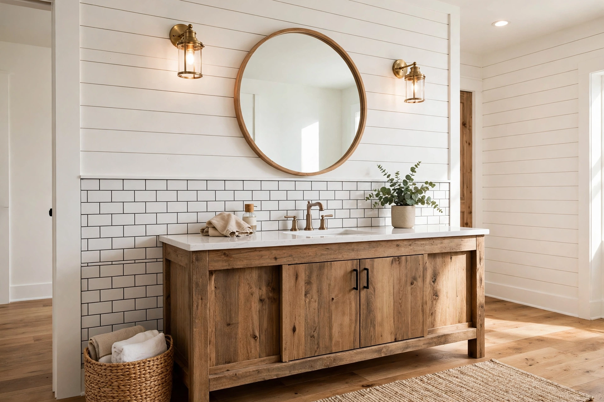 Hang a round wood-framed mirror