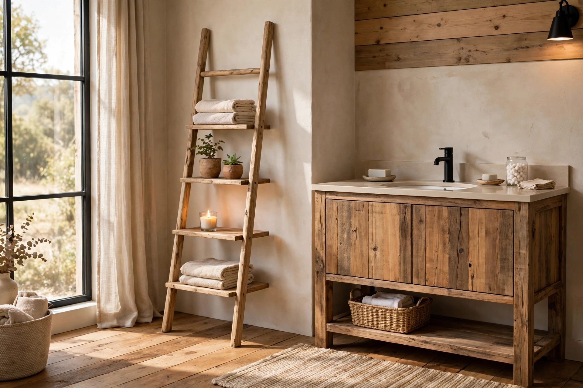 Use a ladder shelf for towels and decor