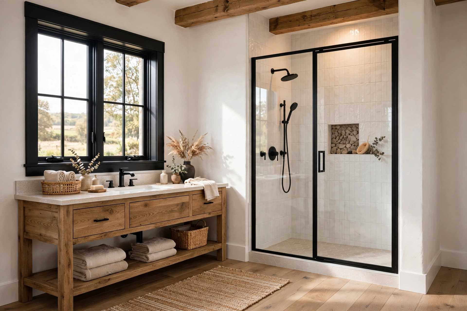 Add black window trim or a black-framed shower door