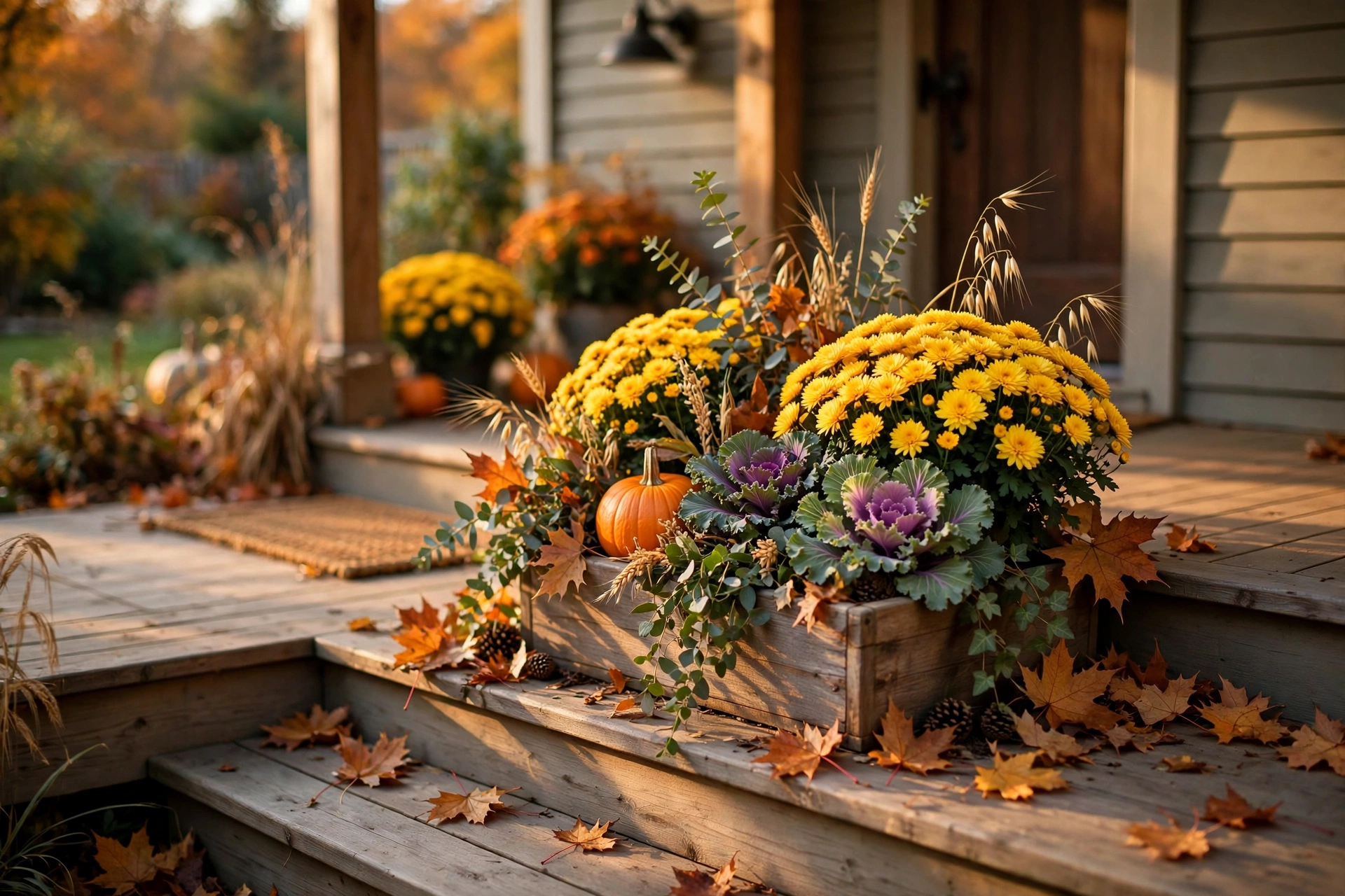 Pumpkin and mum porch pot