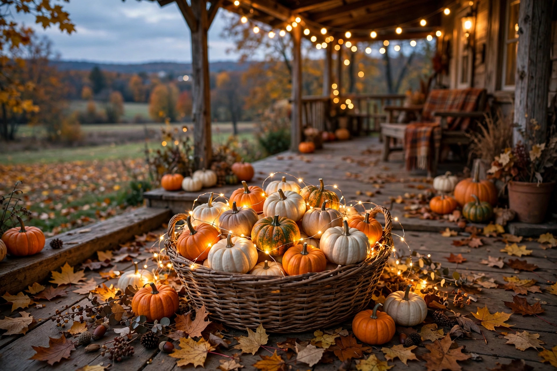Pumpkin with fairy lights in a basket