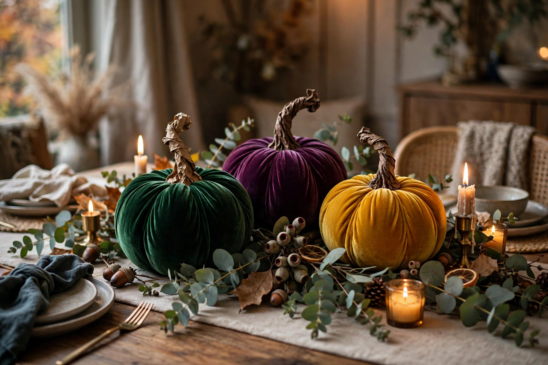 Velvet pumpkins with twisted stems