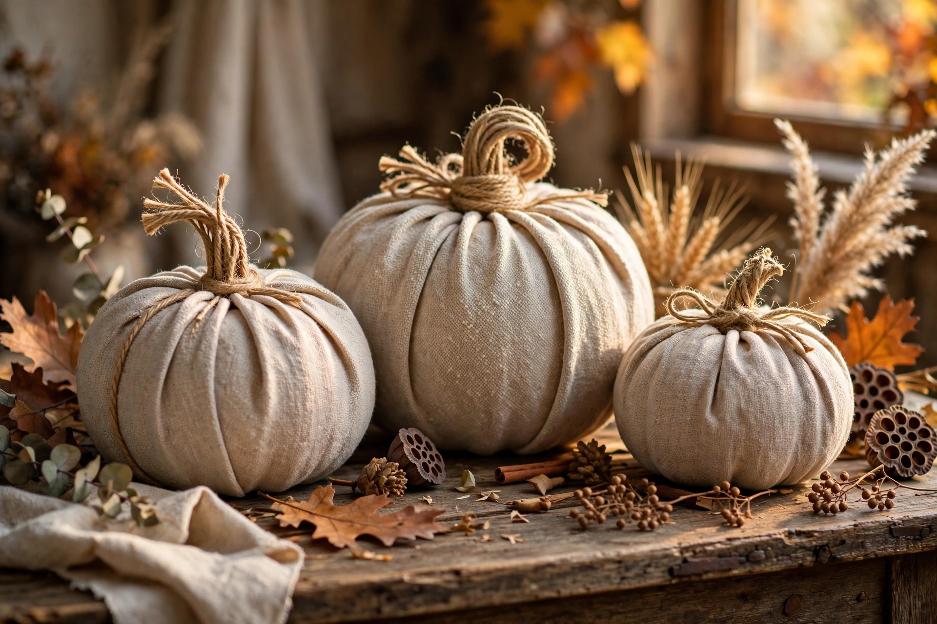 Linen-covered pumpkins