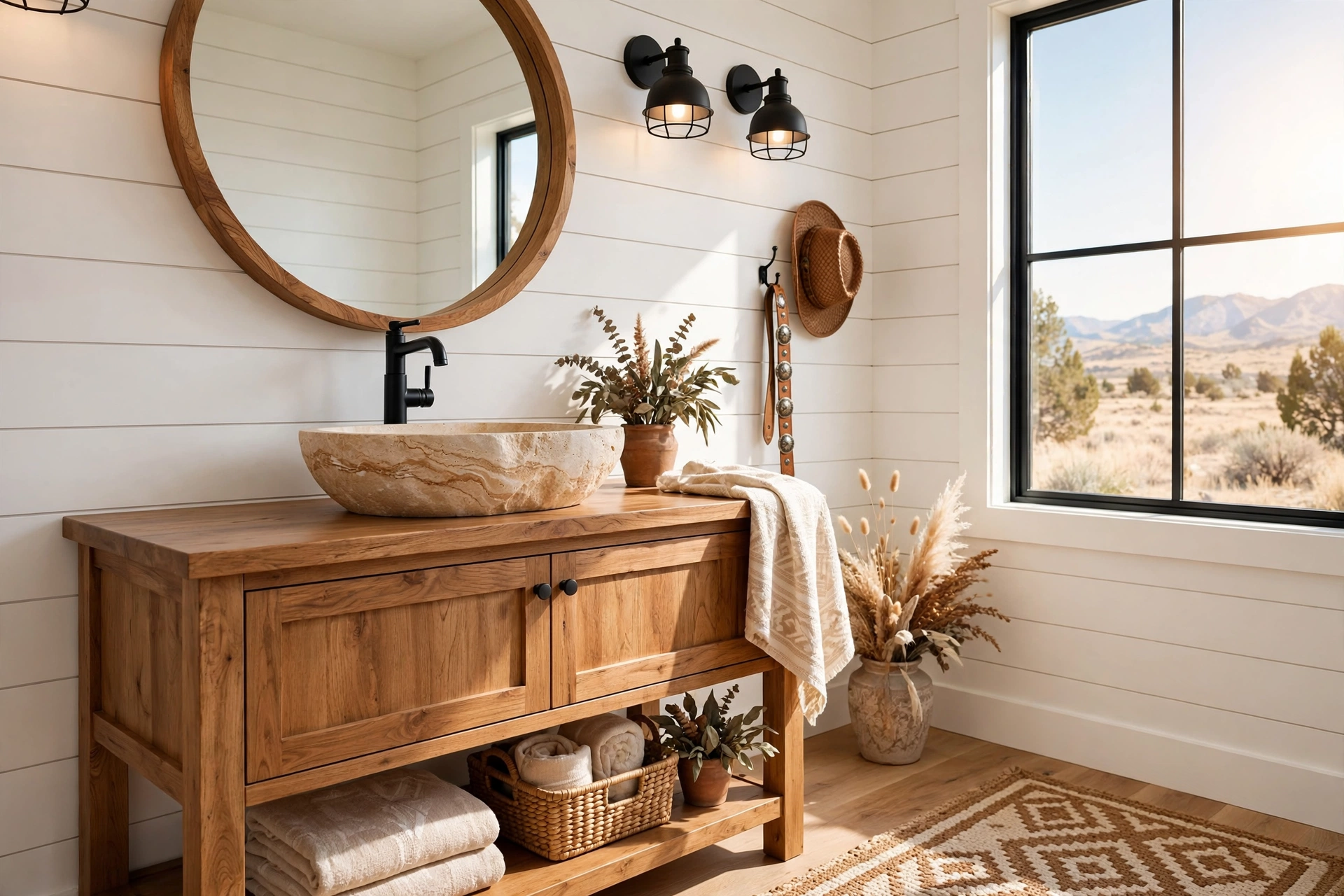 Set a stone vessel sink on the vanity