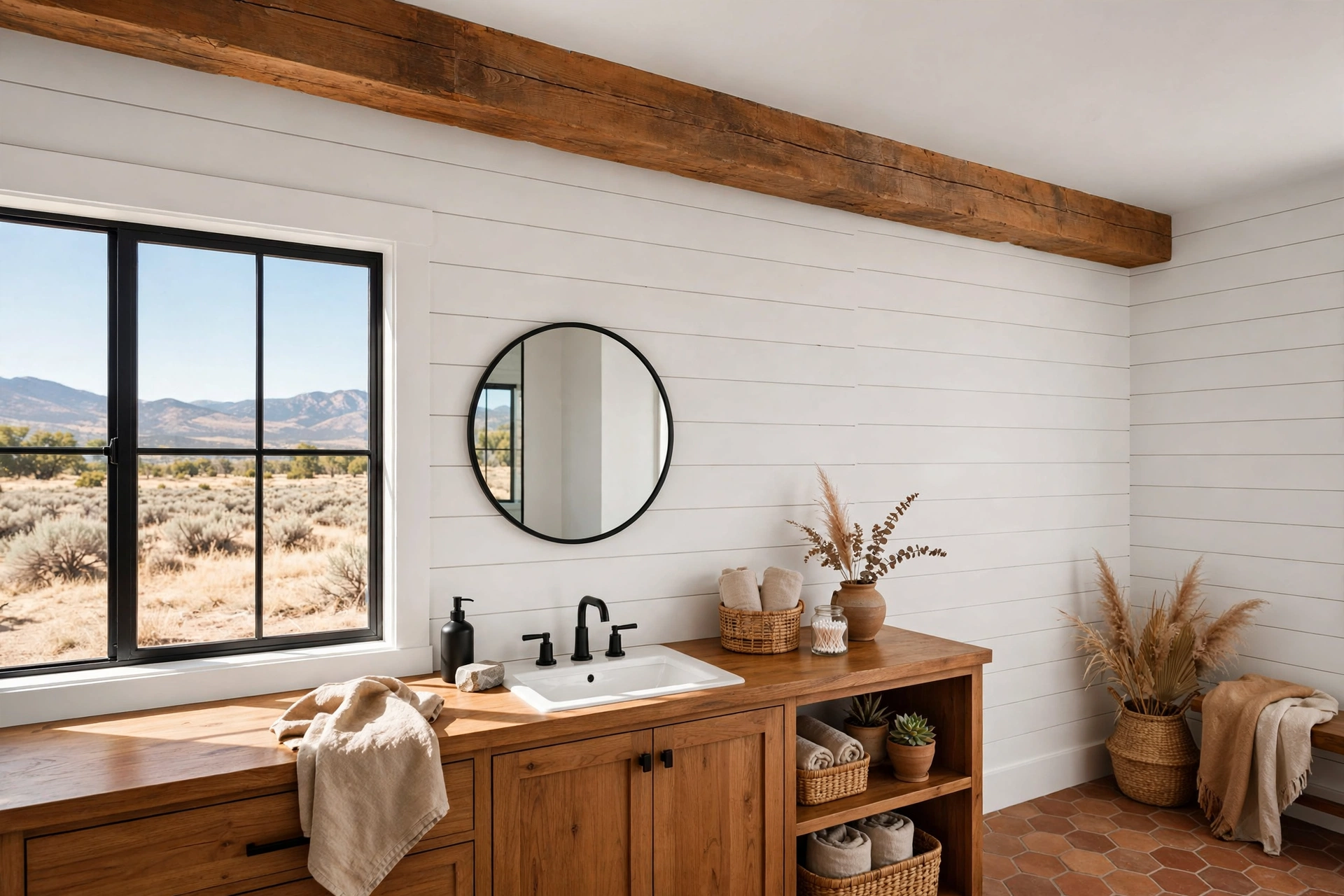 Expose one warm wood ceiling beam