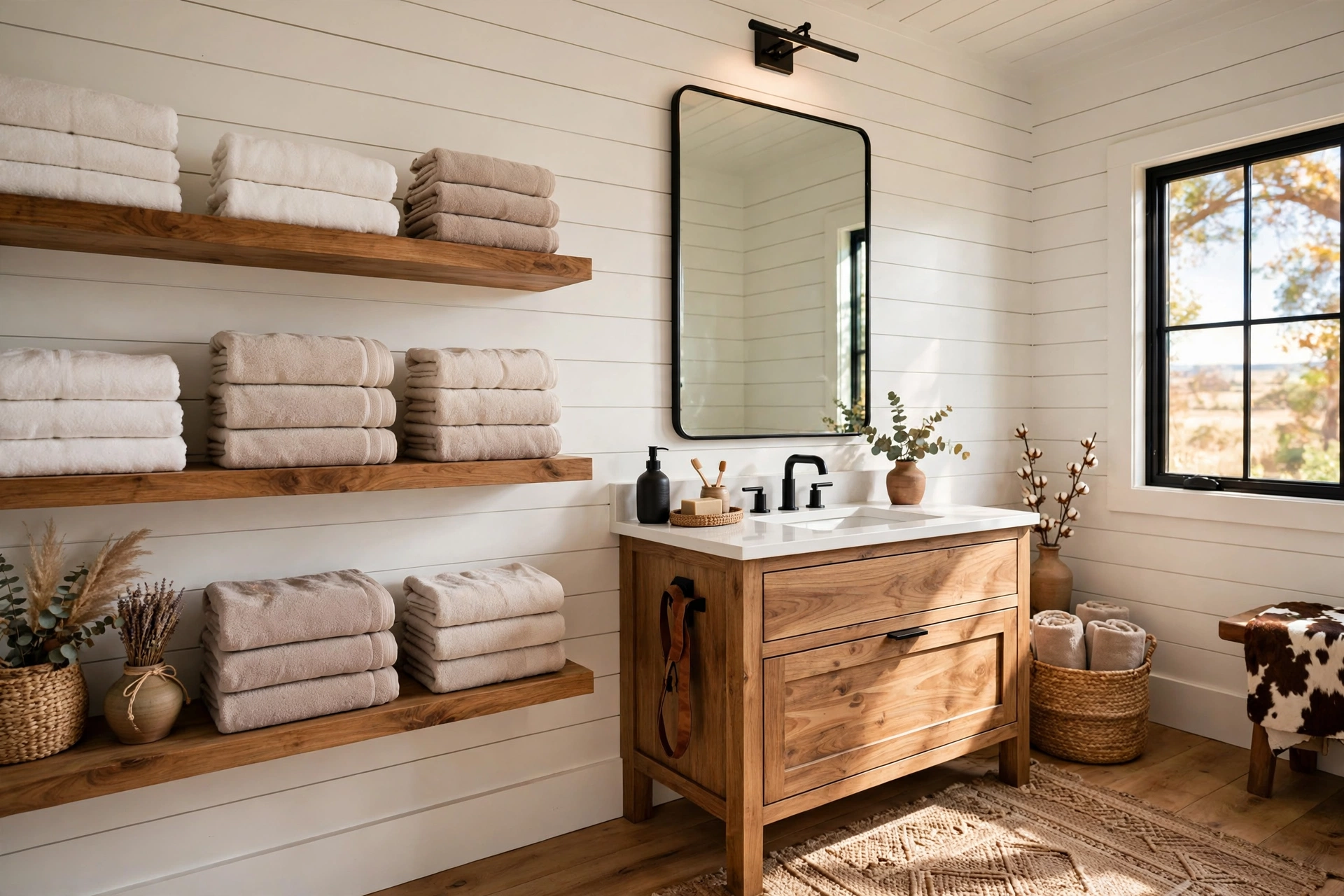 Coordinate towels in warm neutrals