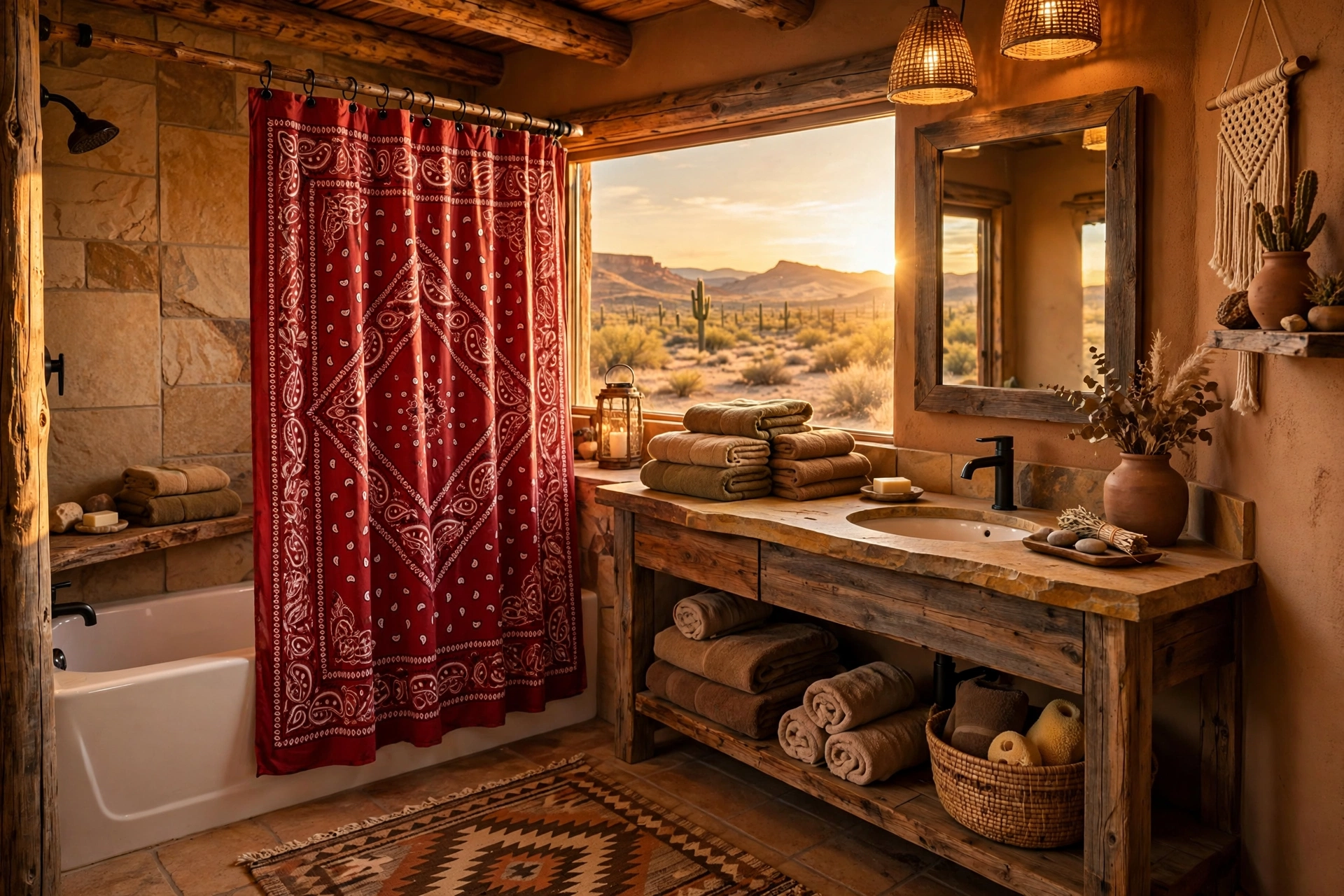Hang a bandana-print shower curtain