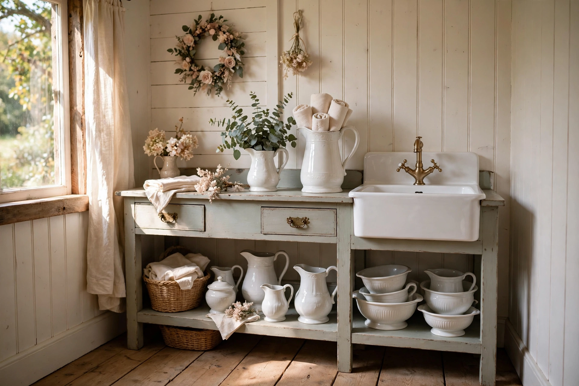 Display ironstone pitchers and bowls