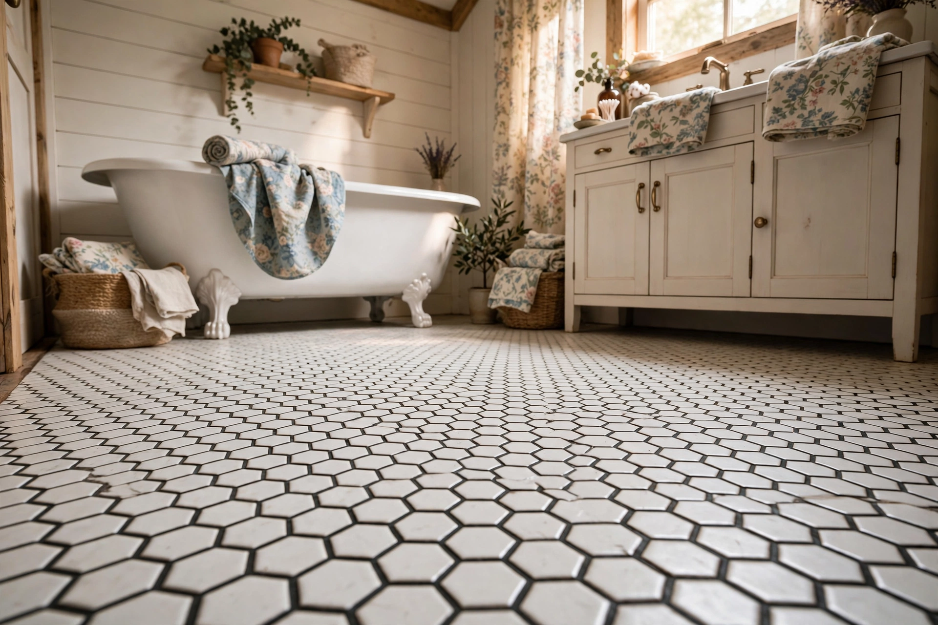 Tile the floor in classic hex or penny tile