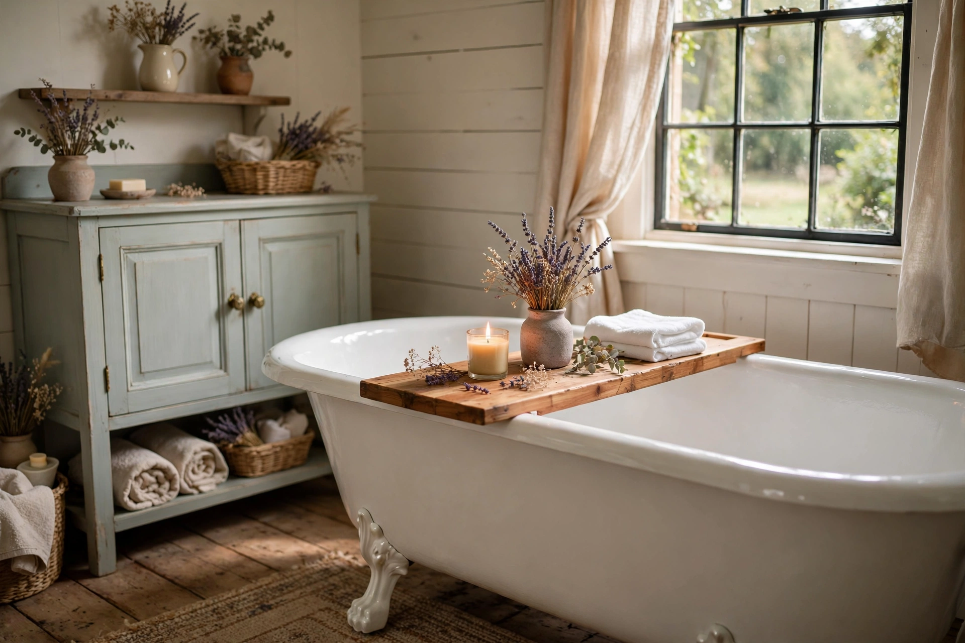 Style the tub tray with bath-time comforts