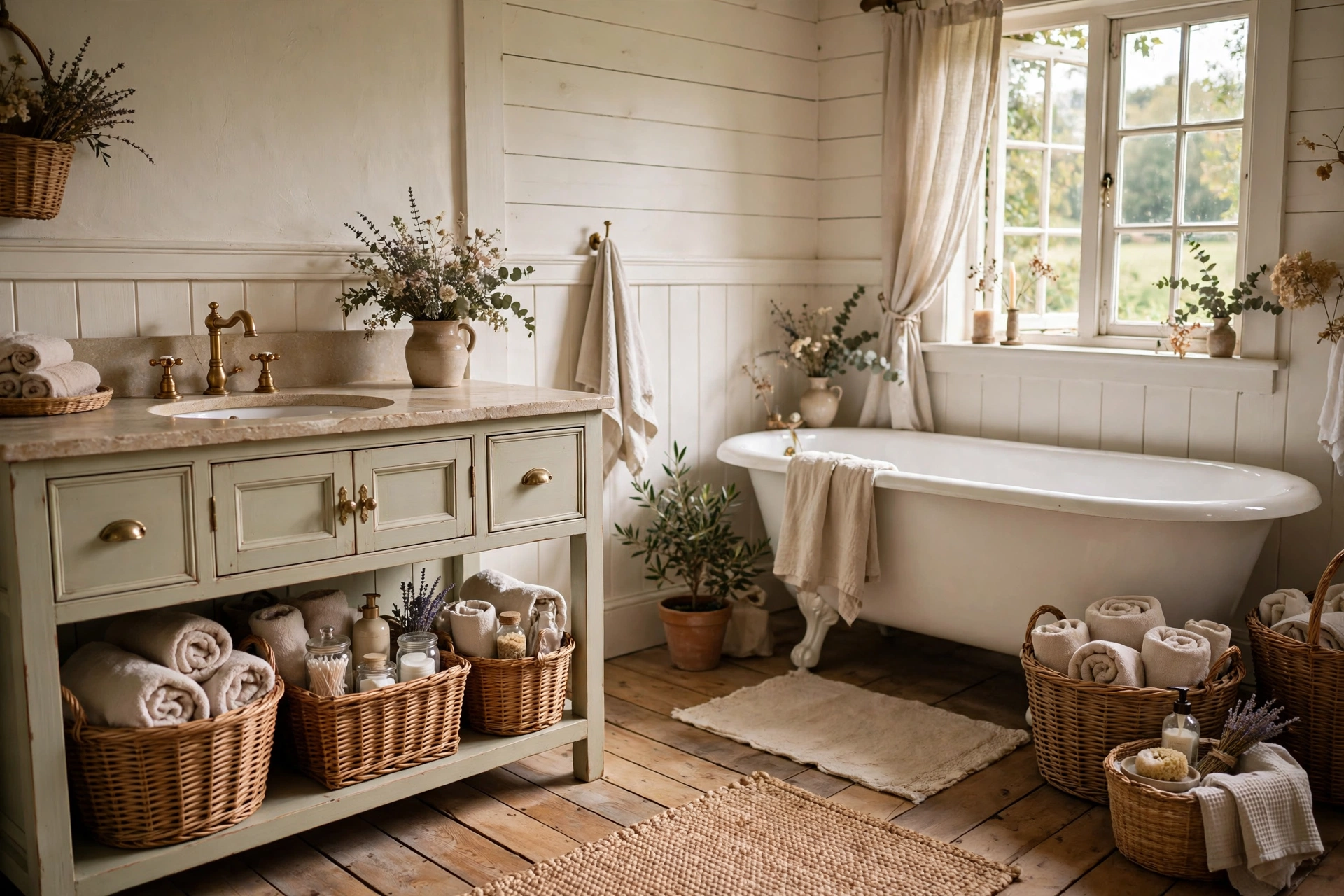 Corral clutter in wicker baskets