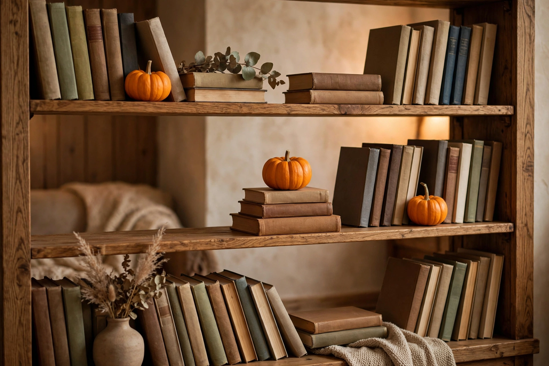 Pumpkin bookshelf styling