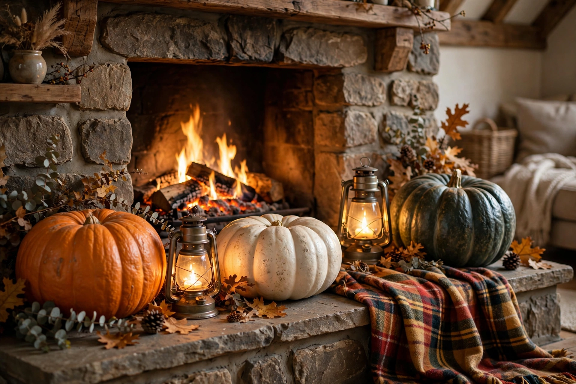 Pumpkin fireplace hearth display