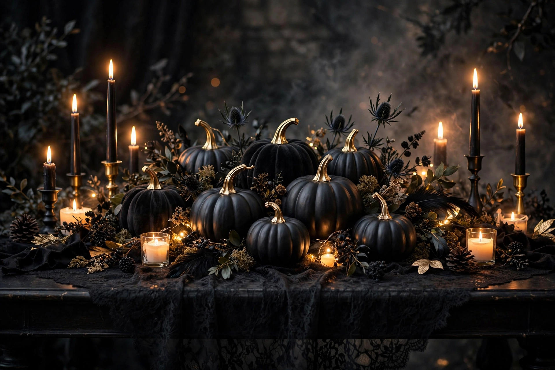 Velvet Black Pumpkins With Gold Stems
