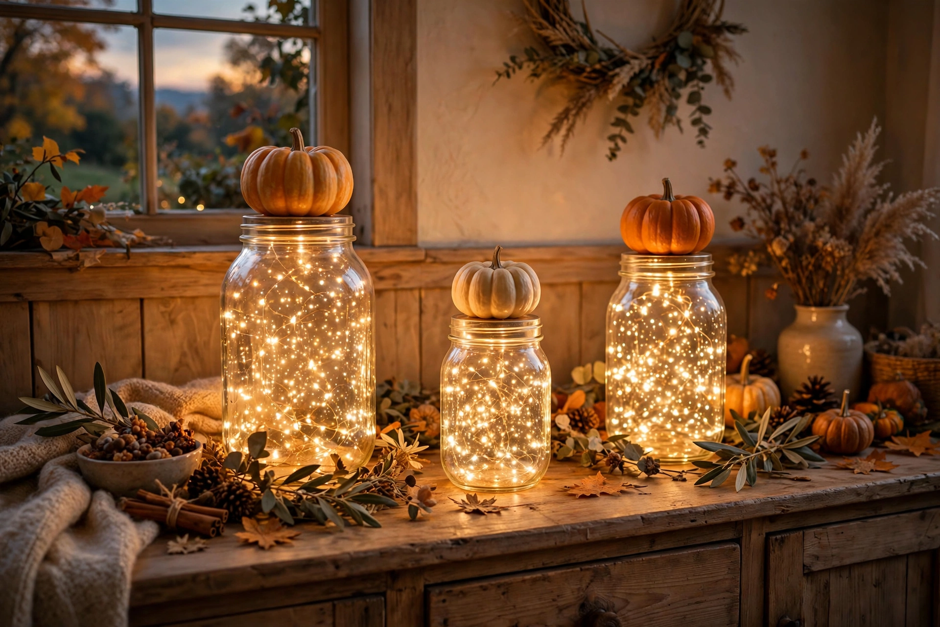 Twinkle Light Mason Jar Pumpkins