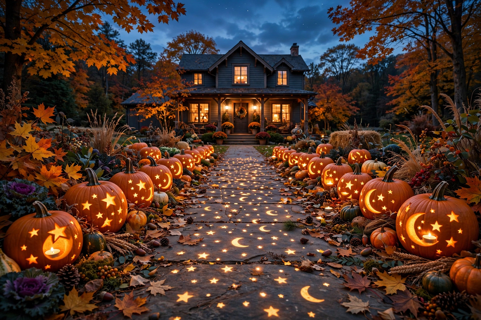 Glowing Carved Pumpkin Path