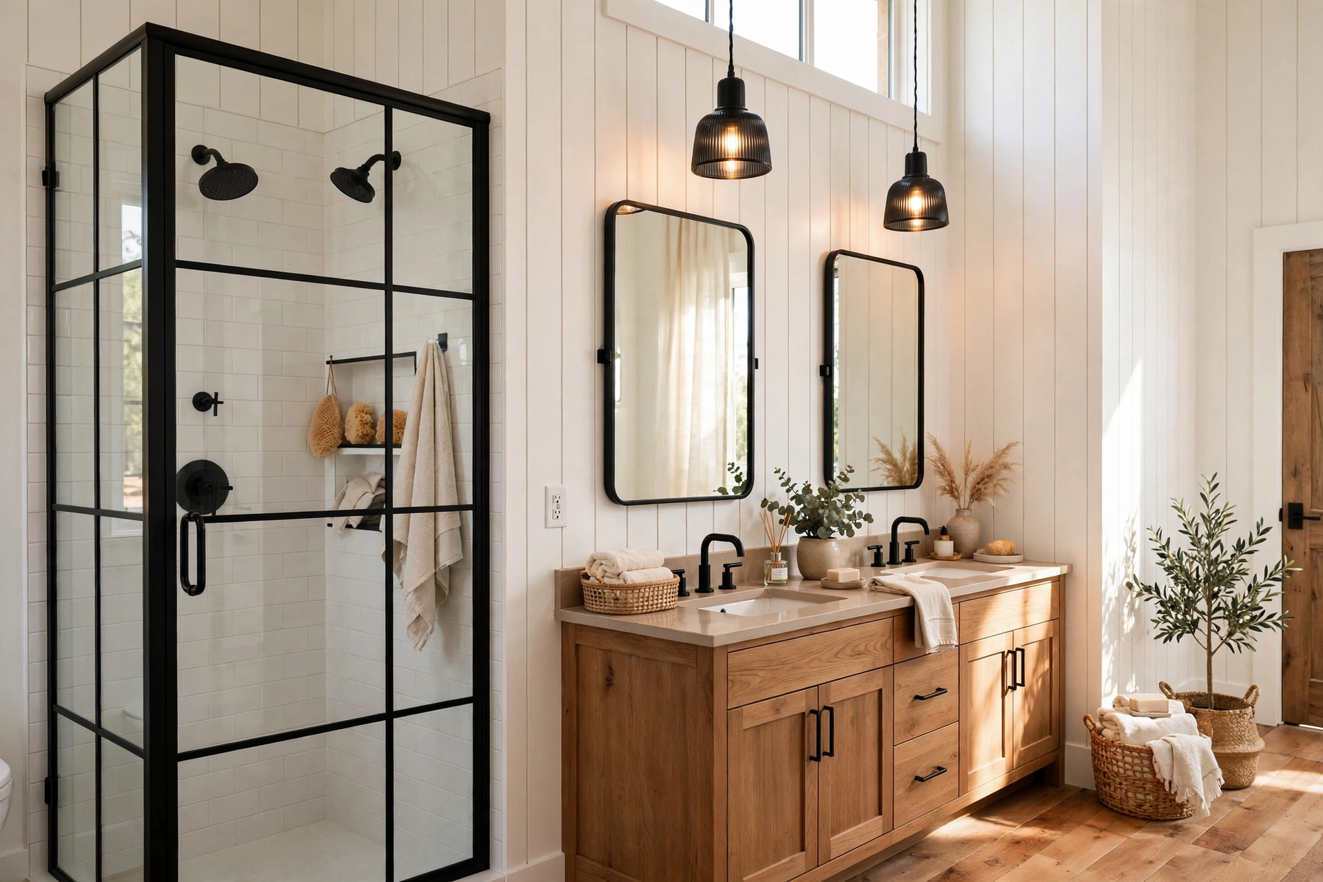 Pair white shiplap with black fixtures