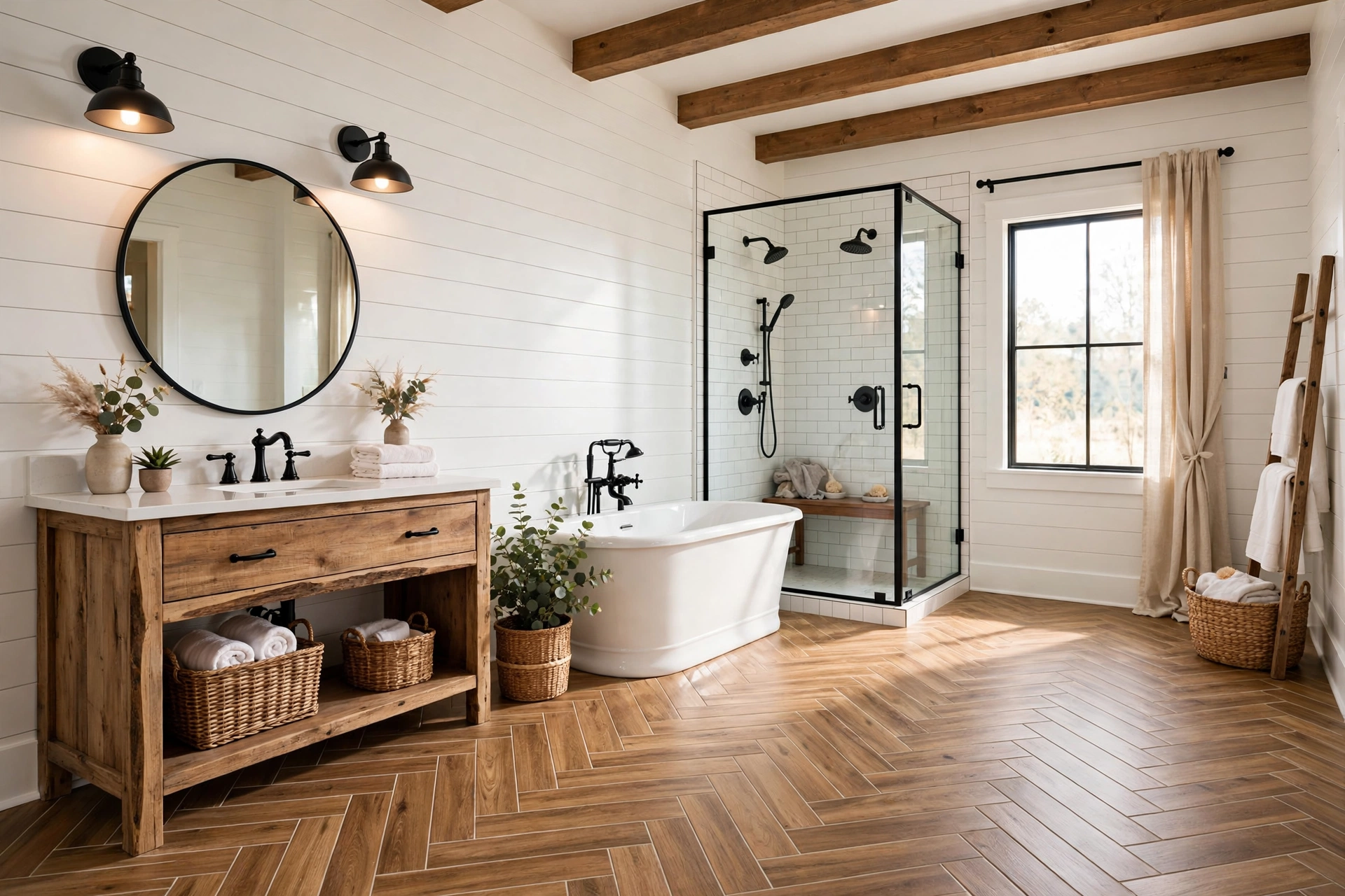 Lay herringbone wood-look tile