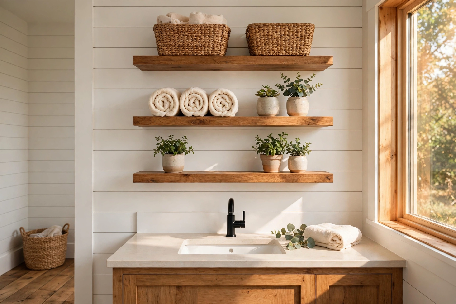 Style open wood shelving with baskets
