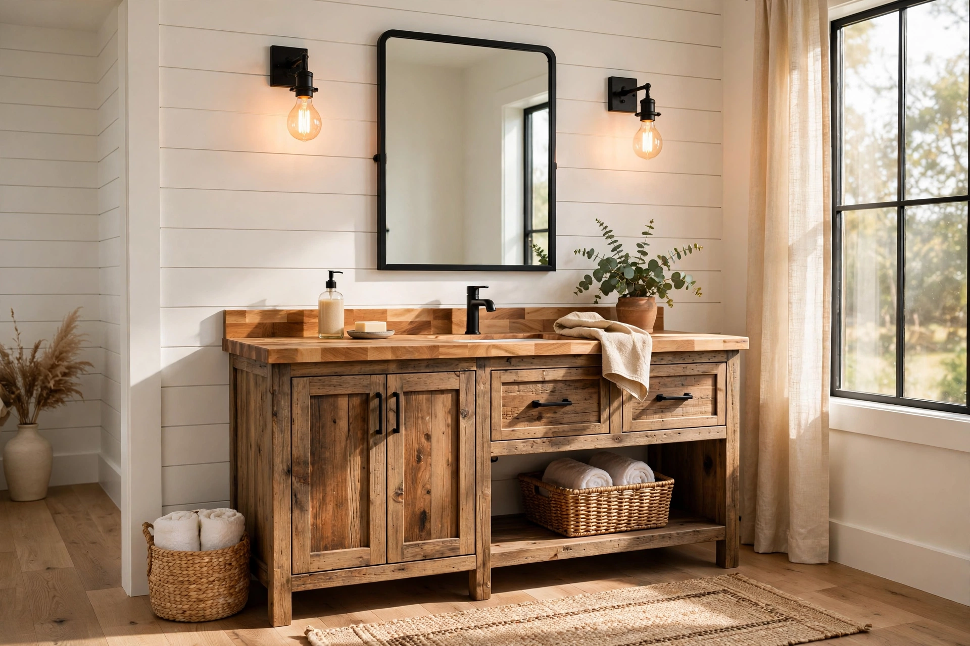 Light the vanity with Edison bulbs