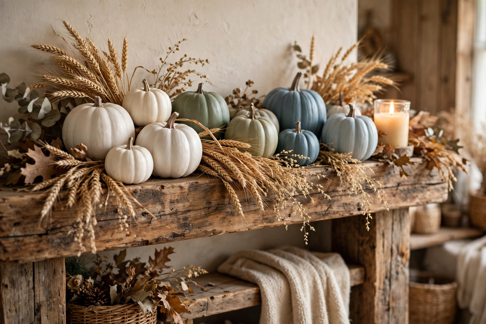 Chalk-painted pumpkins in muted tones