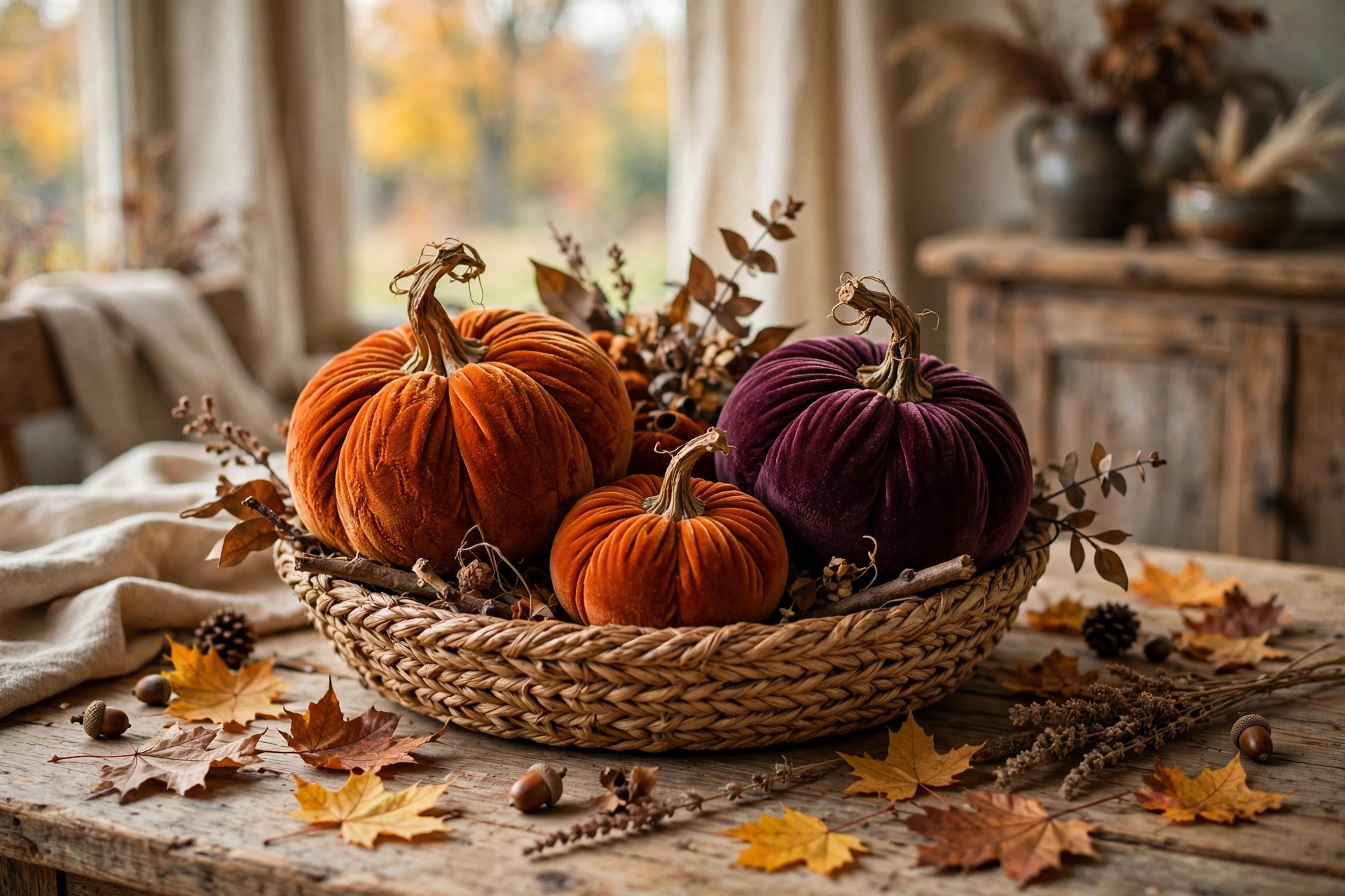 Velvet pumpkins with real stems