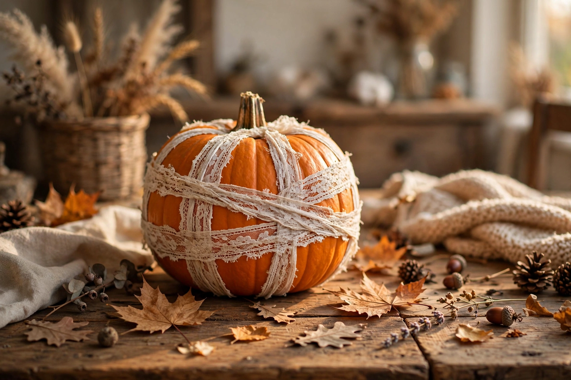 Lace-wrapped pumpkins