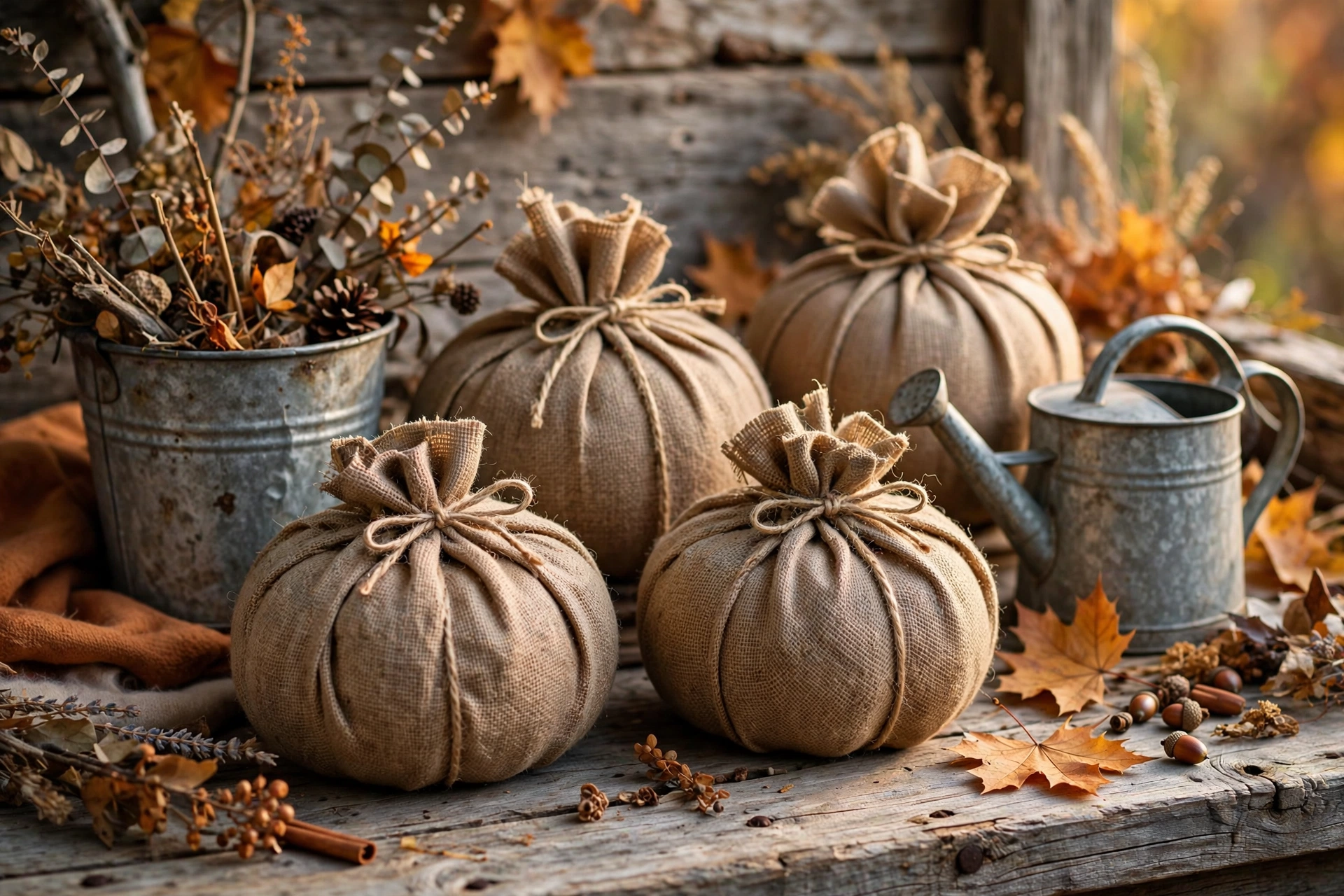Burlap-wrapped pumpkins