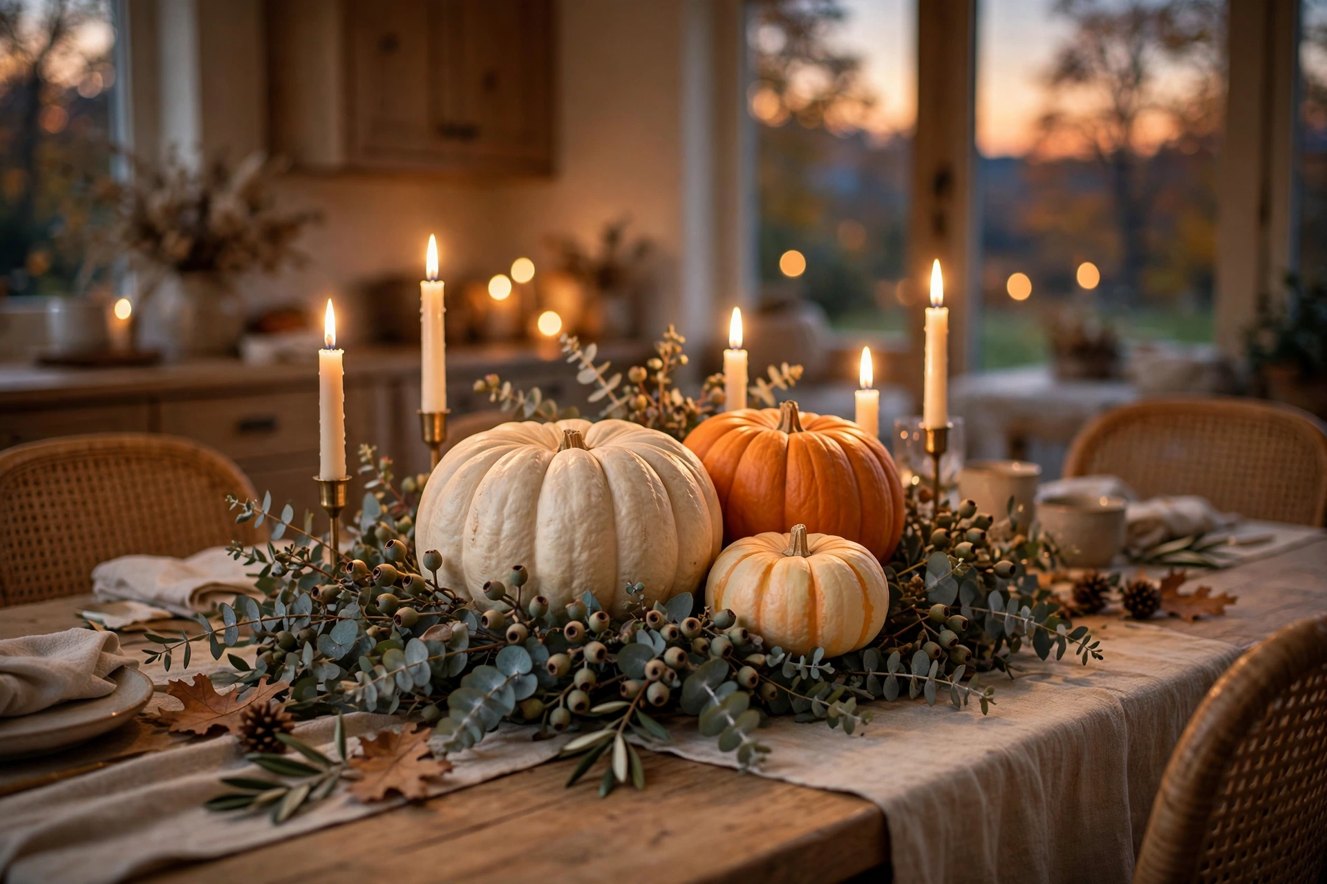 Pumpkin centerpiece with eucalyptus