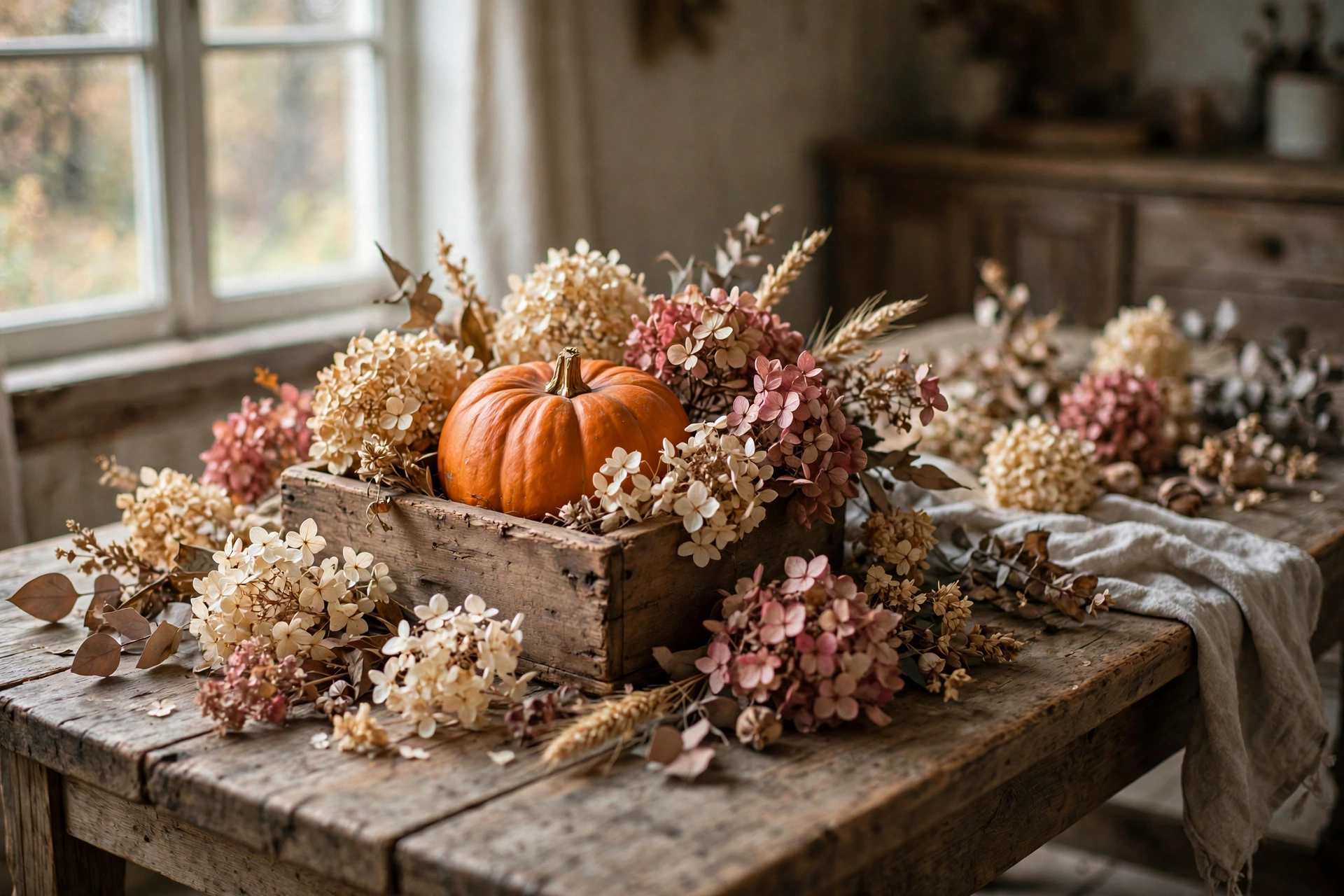 Dried Hydrangea Pumpkin Arrangement