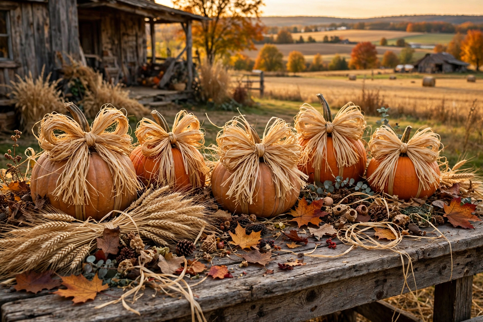 Raffia-Bow Pumpkin Toppers