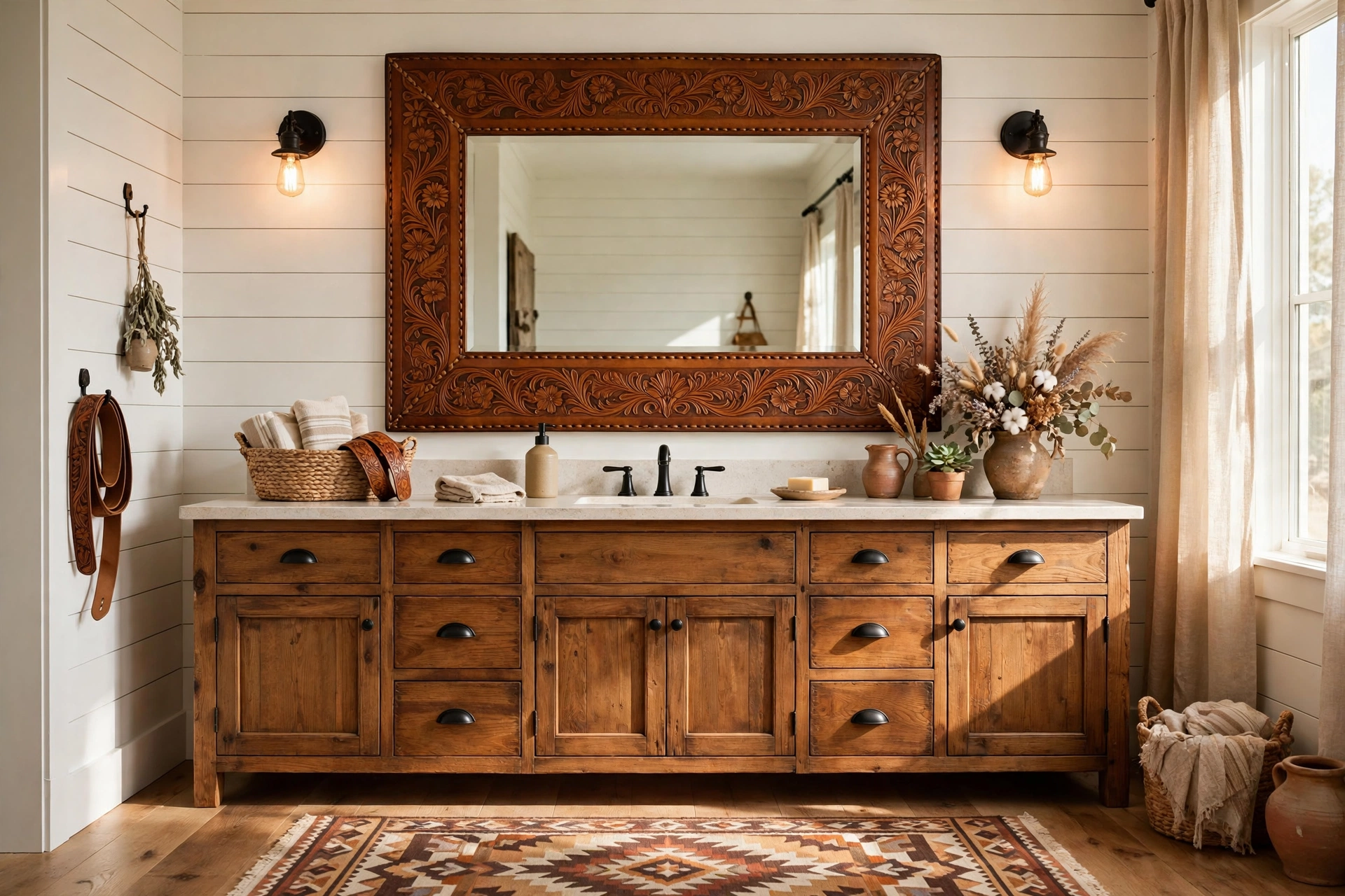 Frame the mirror in tooled leather