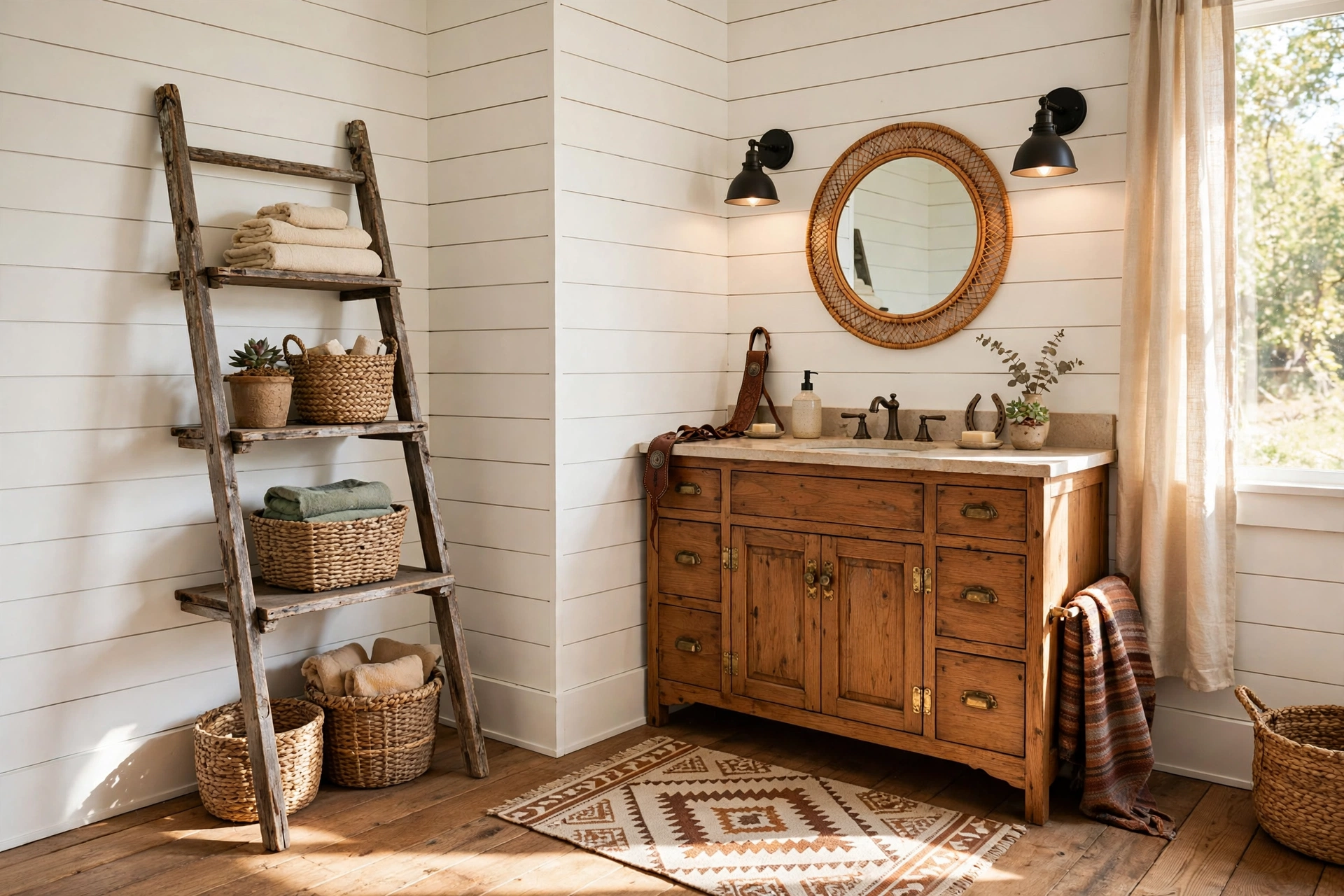 Lean a rustic ladder shelf in the corner