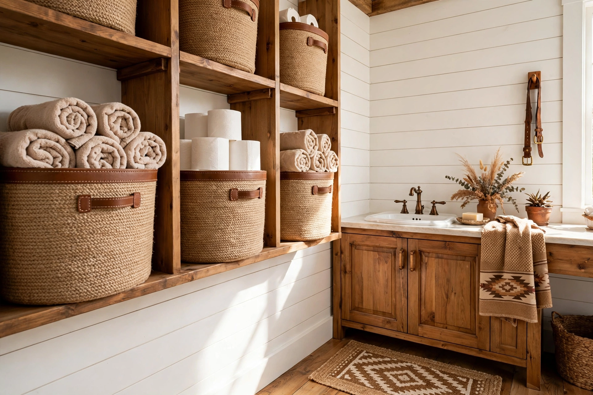 Store linens in woven jute and leather bins