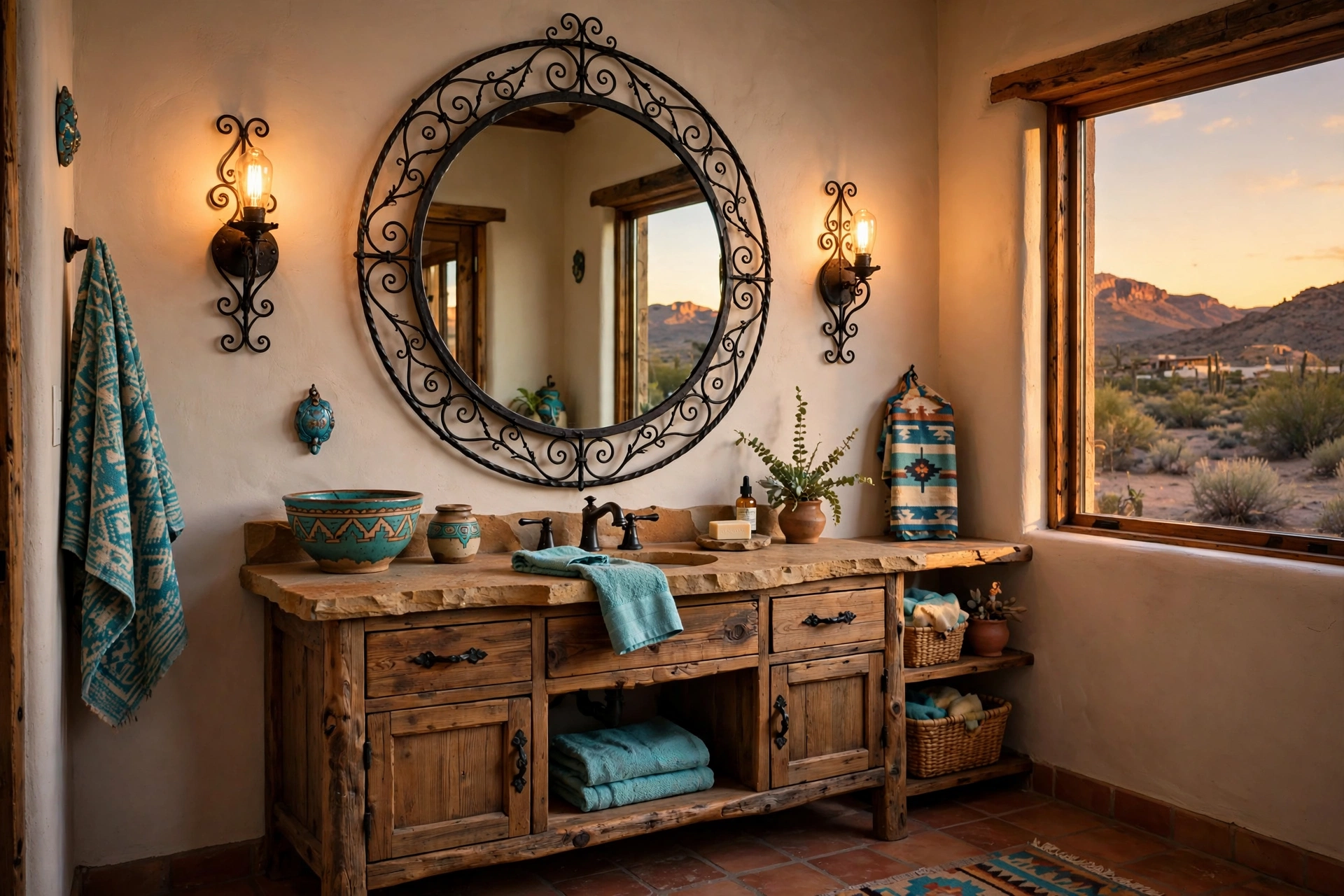 Use wrought iron for mirrors and lighting