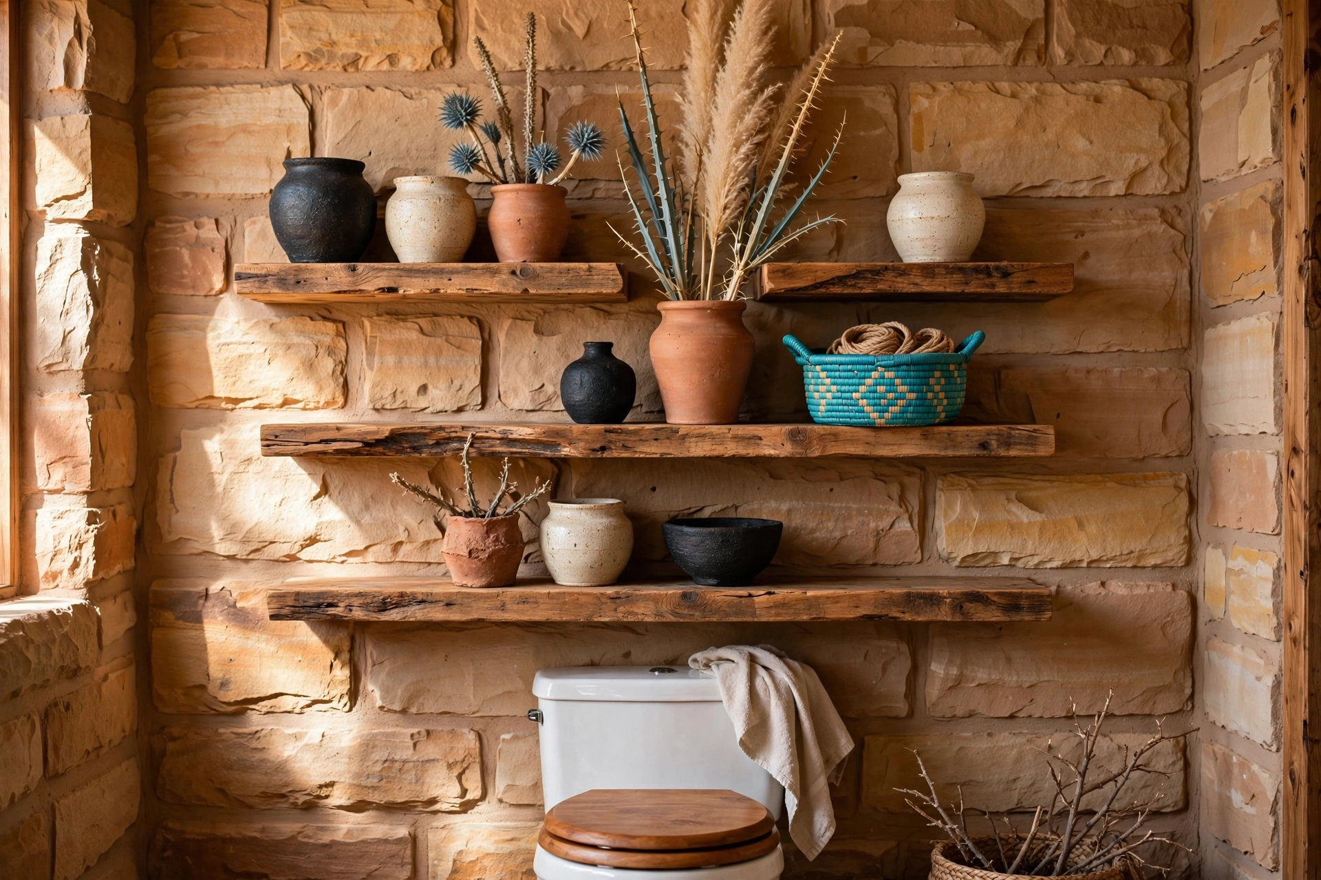 Display pottery in earthy glazes
