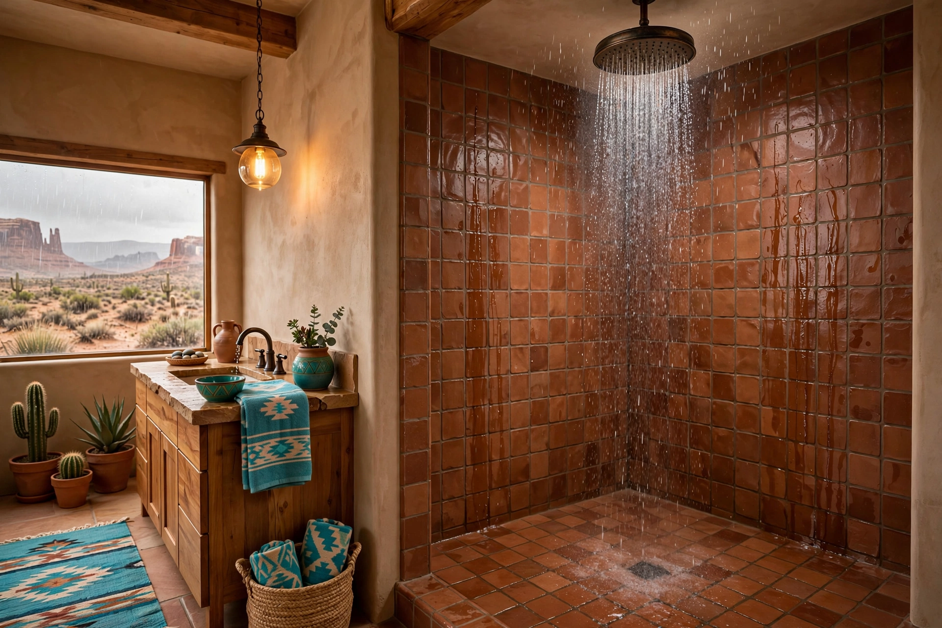 Use a rain showerhead in bronze