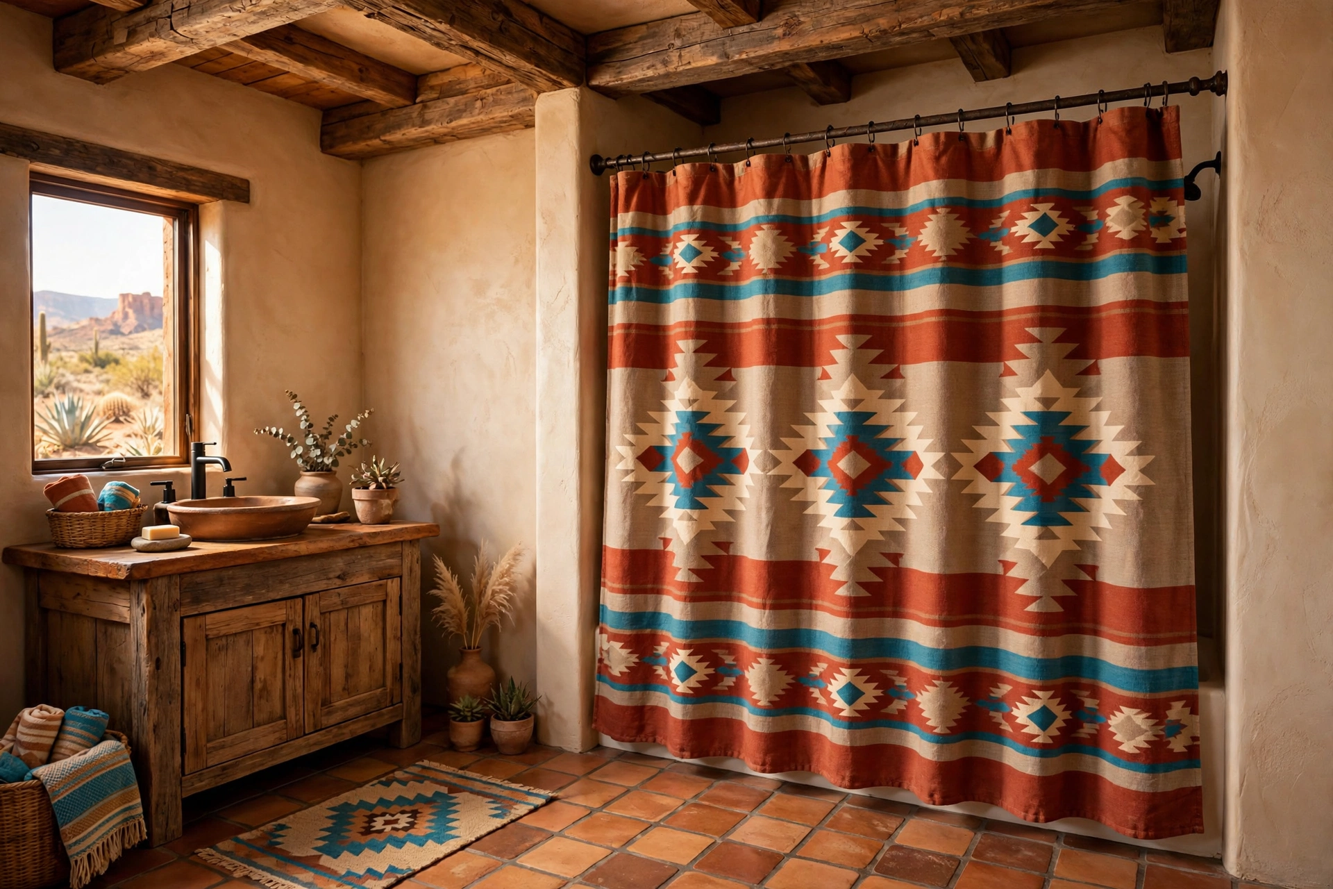 Hang a woven textile shower curtain