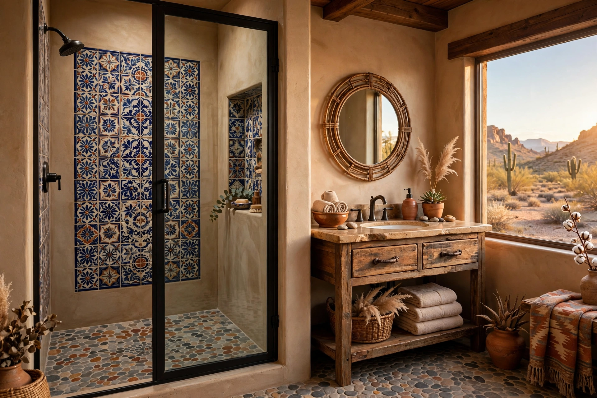 Set a mosaic pebble shower floor