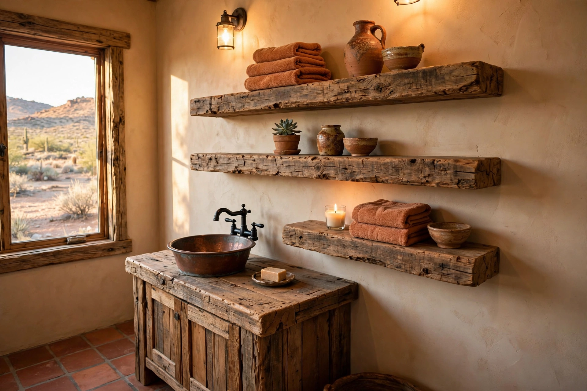 Install chunky wood floating shelves
