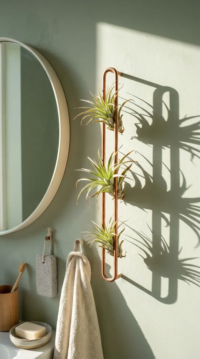 Three air plants in a wall-mounted copper holder beside a bathroom mirror