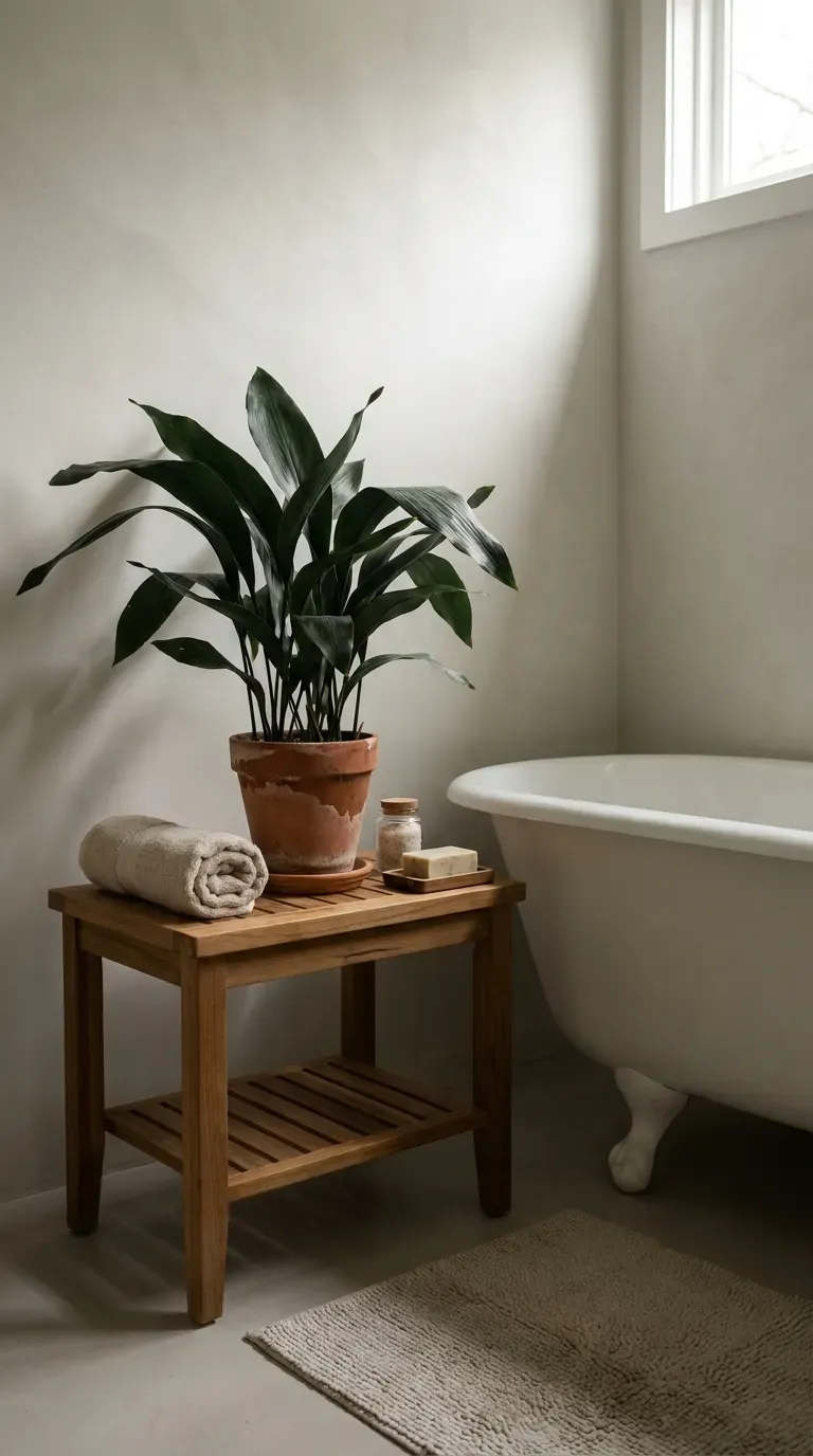 Cast iron plant on a teak stool beside a freestanding tub in a small bathroom