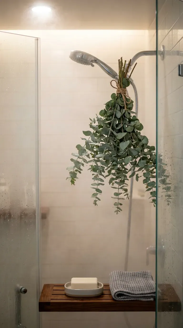 Fresh eucalyptus bundle tied to a chrome showerhead in a steamy small bathroom