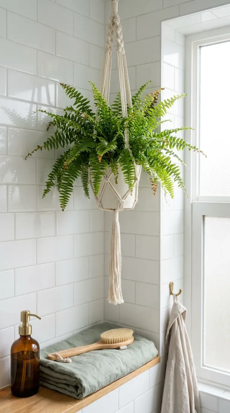 Lush Boston fern hanging from ceiling hook in corner of white tiled small bathroom