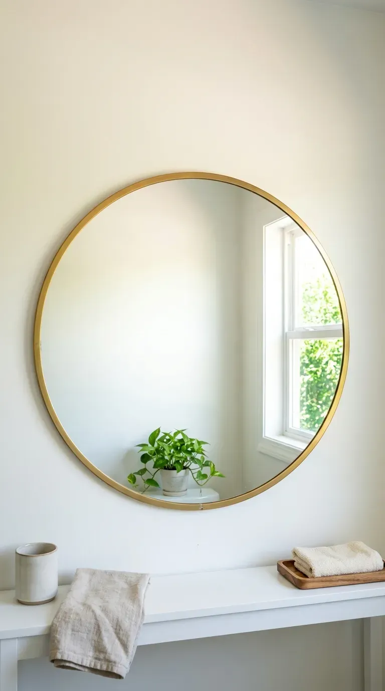 Large round mirror reflecting a window and a pothos on a vanity in a small bathroom